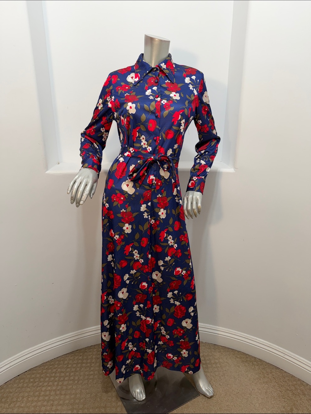 Vintage 70s Emilio Borghese Floral Navy Long-Sleeve Shirt Maxi Dress Size Sz 14 - Picture 5 of 7